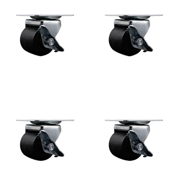 Low Profile Polyolefin 2'' Wheel Top Plate Swivel Caster with Brake Set, 4PK